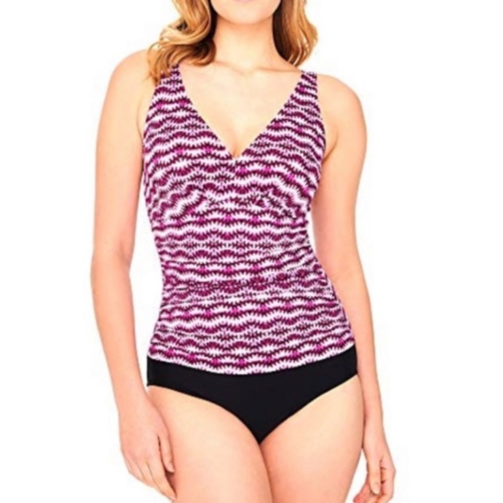 Swim Solutions Purple Slimming Ruched V Neck Wide Strap One Piece Swimsuit NEW